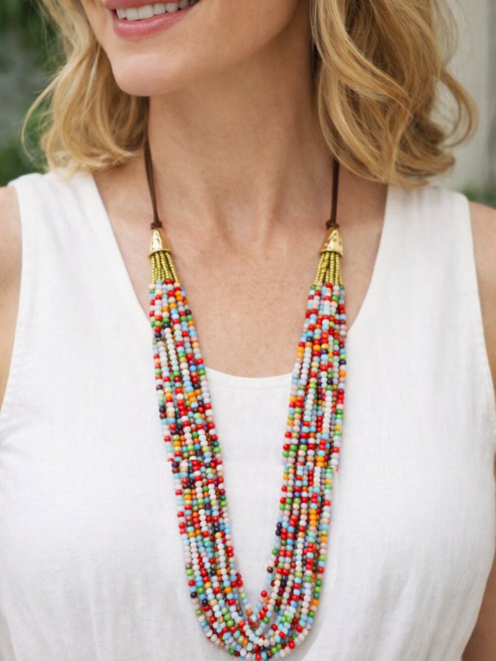 New Signed C 1946 Multicolor Glass Seed Beads Multi Strand & Brown Cord Necklace